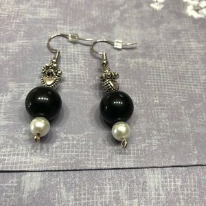 Handmade black with silver heart bead earrings